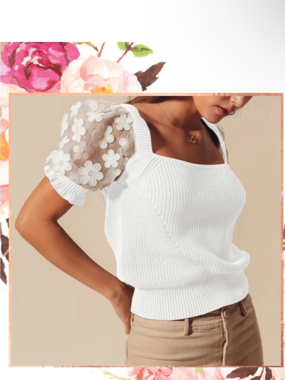 French Connection White Square-Neck Knit Sweater with Floral Mesh Puff Sleeves